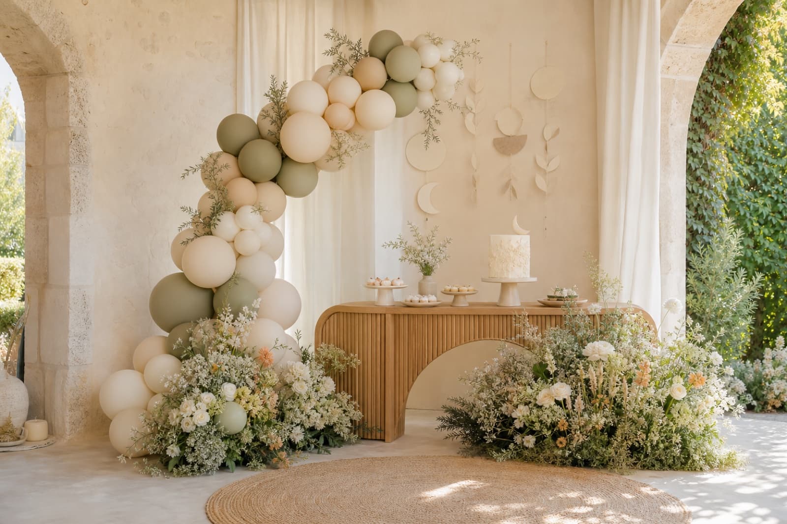 Krem ve adaçayı tonlarında hazırlanmış zarif baby shower köşesi